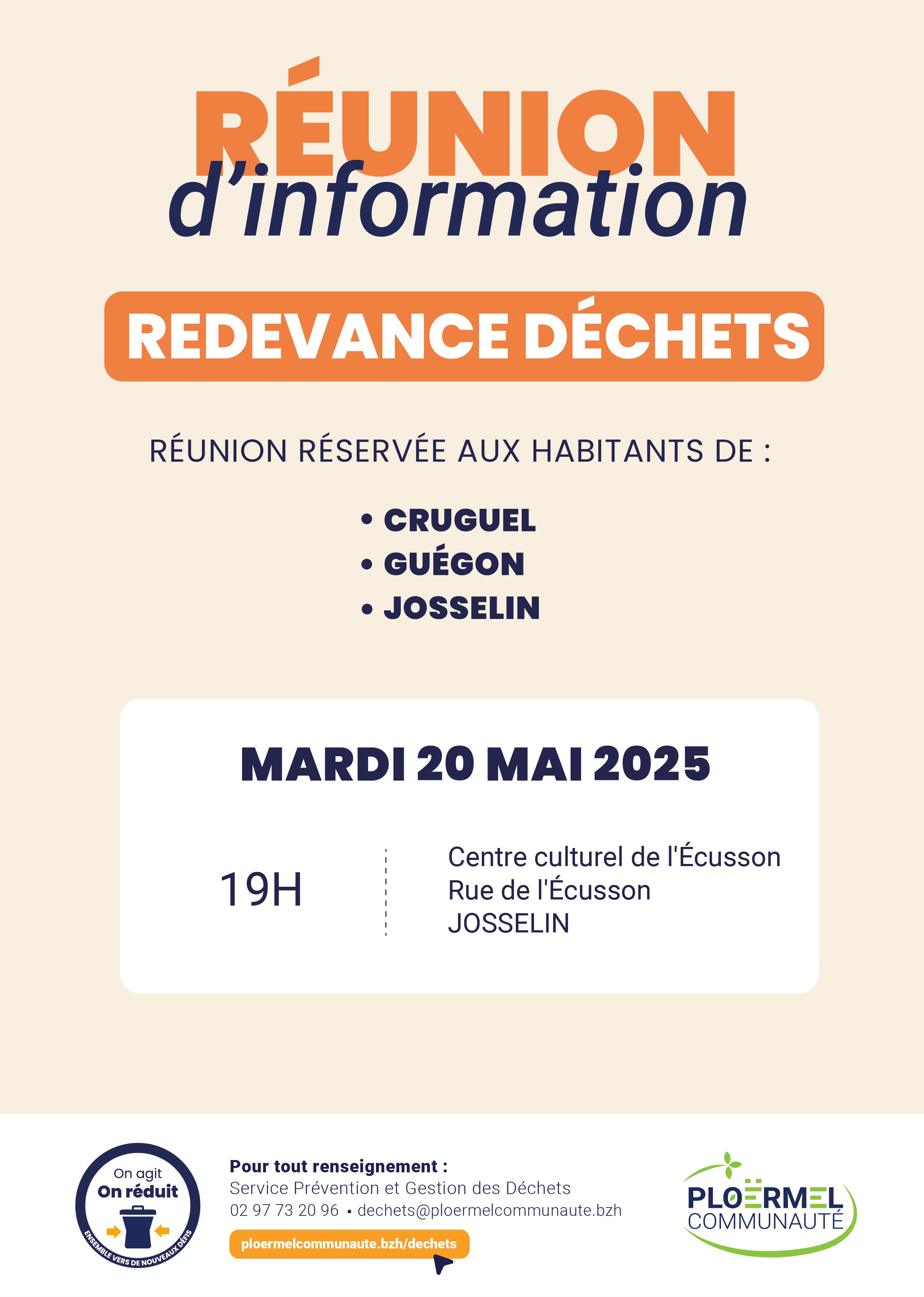 Redevance déchets - réunion publique - mardi 20 mai à JOSSELIN